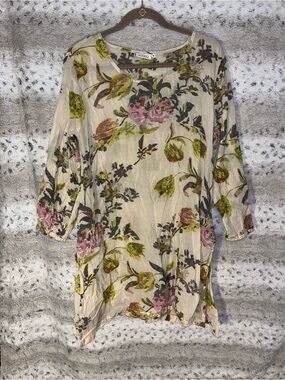 Masai Copenhagen Floral Tunic Top M Lagenlook Crinkle Sheer Cotton Blend Blouse